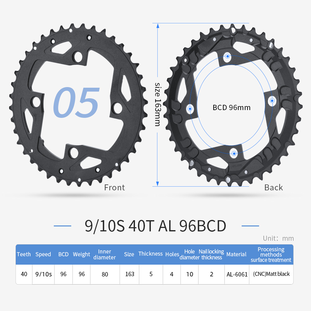 PROWHEEL-plato redondo para bicicleta de montaña, rueda dentada de aleación de acero, 64/96/104BCD, 22T, 24T, 30T, 32T, 40T, 42T, 44T: 10S 40T AL 96BCD