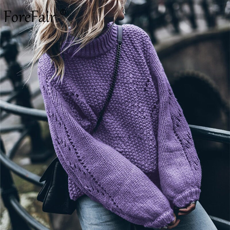 Forefair solid overdimensjonert vintage strikket genser dame vintergenser tilfeldig langermet damegenser: Lilla genser / S