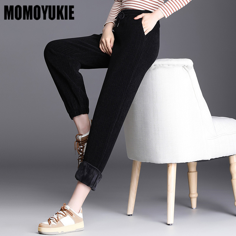 Winter Vrouwen Fleece Broek Corduroy Dikke Warme Joggingbroek Casual Solid Elastische Taille Lace-Up Losse Vrouwelijke Broek Leggings: black / Xl