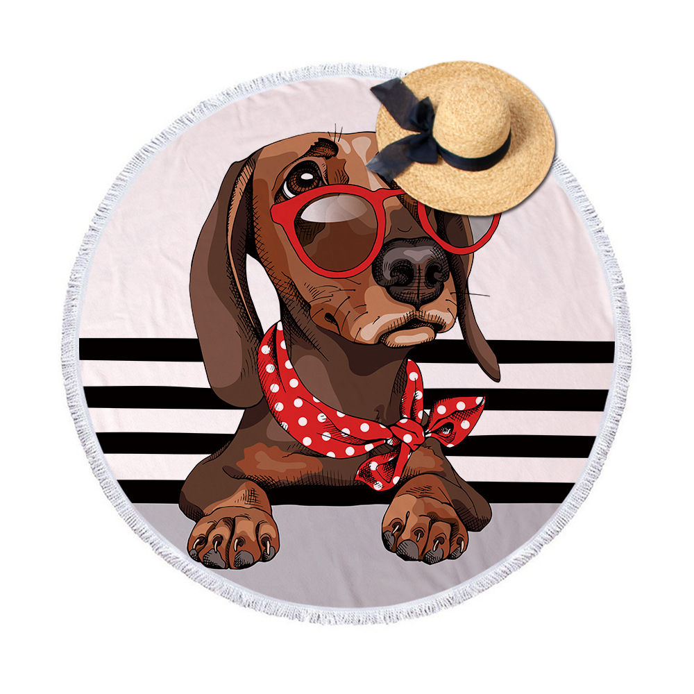 Moda jamnik motyw psa okrągły ręcznik plażowy z frędzlami mikrofibra 150cm koc piknikowy mata gobelin ST1009