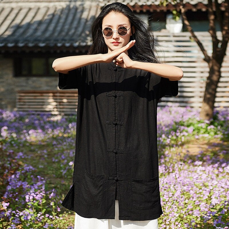 Cotton Linen Chinese Style Clothing Women Summer Blouses Kung Fu Clothes Mandarin Collar Short Sleeve Chinese Top 11771