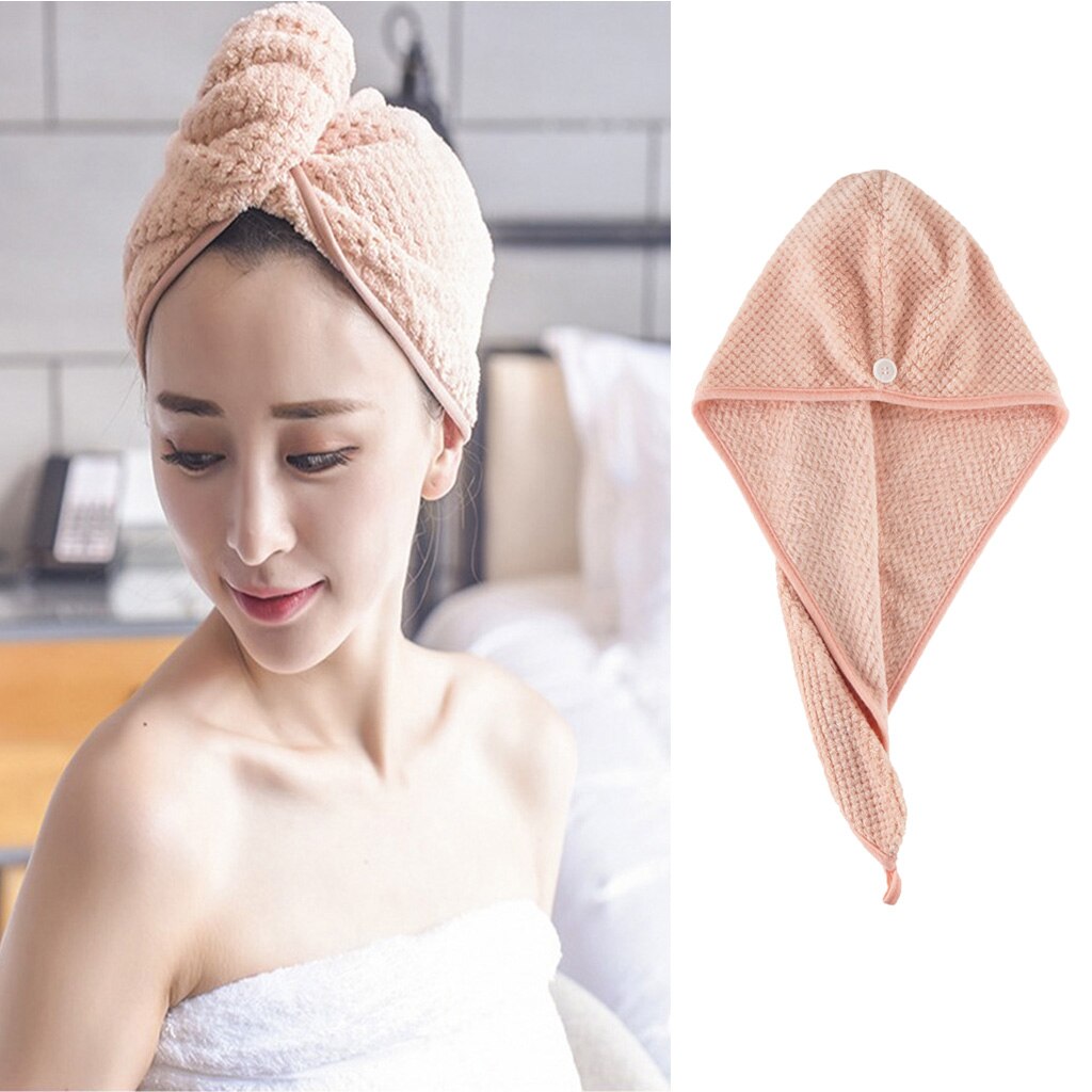 Tjockare hårhandduk wrap turban mikrofiber torkning bad duschmössa torrt hår hatt huvud handduk med knapp: Rosa