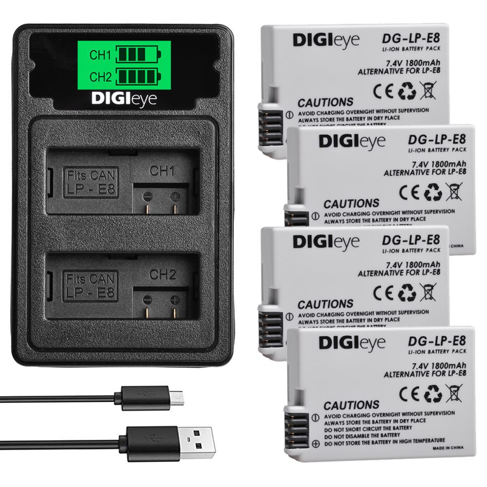 2X LP-E8 LPE8 Battery + LCD Dual Charger With Type C Port for Canon Rebel T3i T2i T4i T5i EOS 600D 550D 650D 700D Kiss X5 X4 X6: 4 battery set