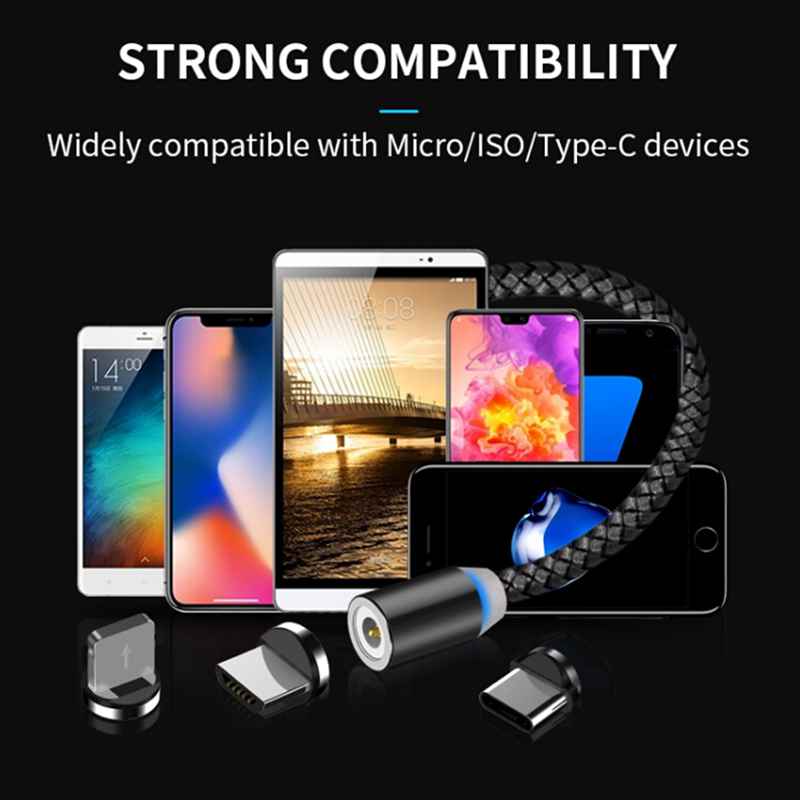 1m LED Magnetic USB Cable For iPhone Type C Magnet Charger Data Charging Charge Micro USB Cable For Android Mobile Phone Cables