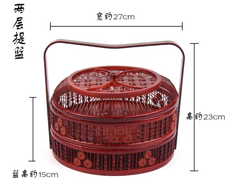Bambus oppbevaringskurv håndtak med lokk rund hul to etasjer tre etasjer bryllup kurv egg måne kakeboks frukt oppbevaringsbokser: A  27 x 23cm