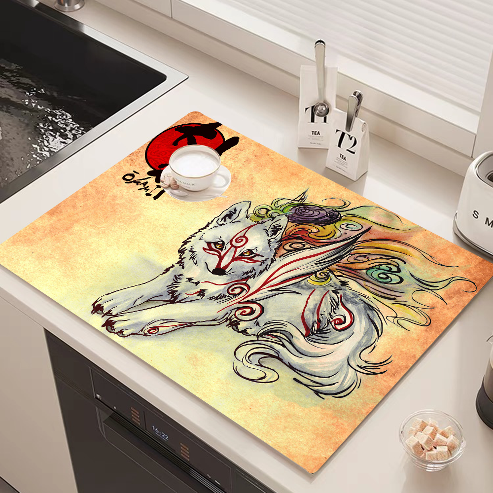 Jeu vidéo Okami Japanese Culture Kitchen Proximity Ining Polymers, Non-ald Drain Dish Mats, Coffee Pad, Heat Degree Napperon, Dinnerware: 40x60 + 40x120CM / WHITE