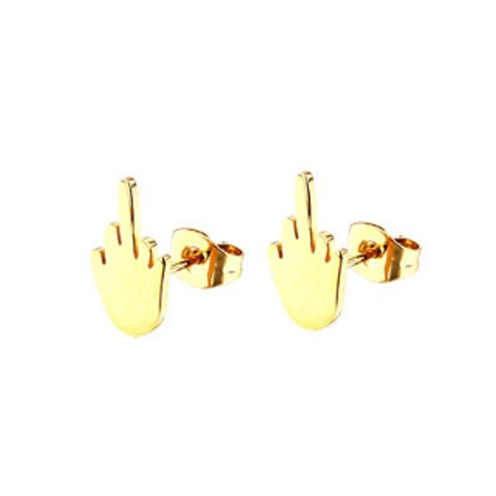 2Pcs Roestvrij Staal Black Middelvinger Up Vrouwen Mannen Oor Sieraden Studs Earring Punk Koele Goud Zilver Plated: Gold