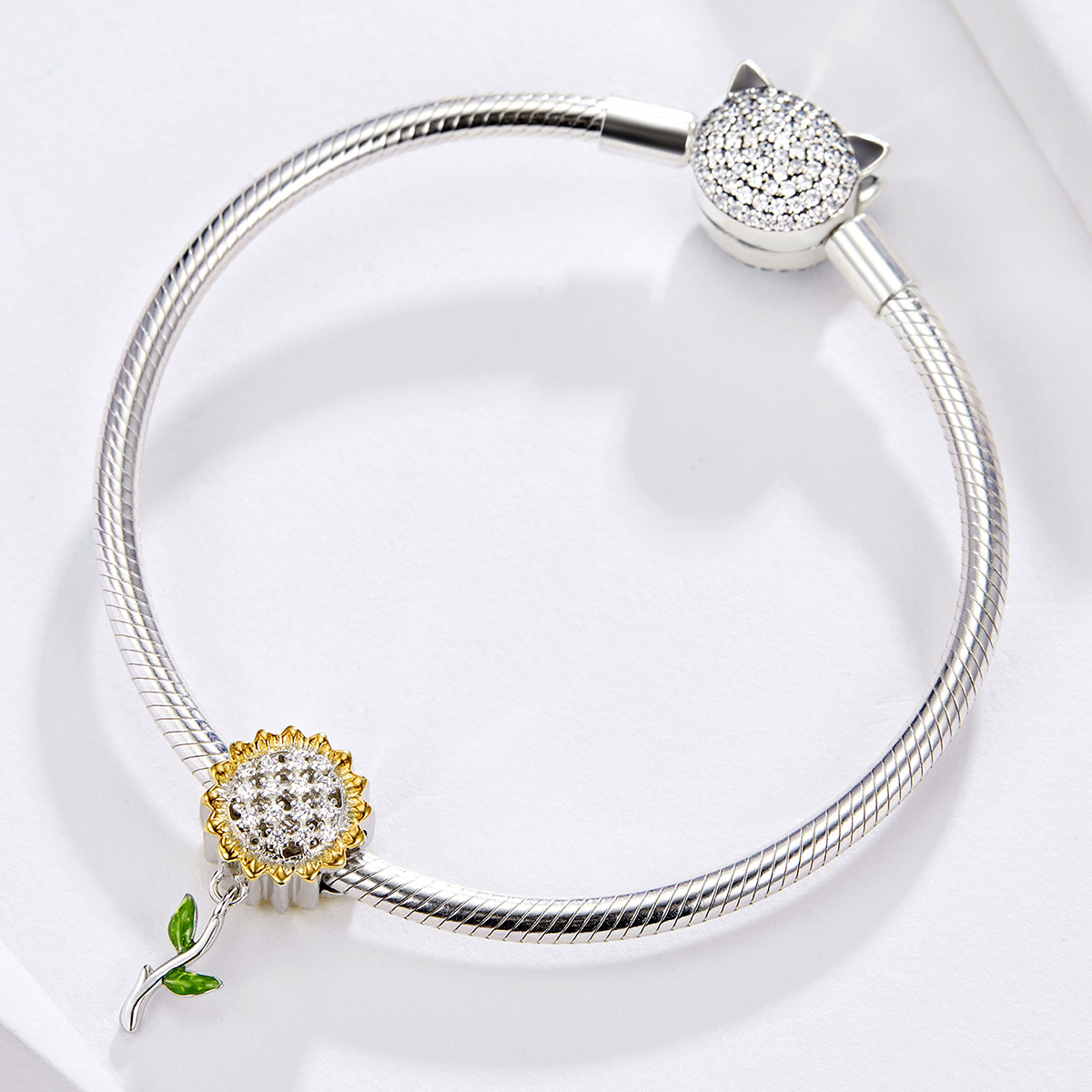 Jiayiqi Sunflower Gold Farbe Charme Für Frauen Silber Armband 925 Sterling Silber Emaille Green Leaf Perlen DIY Schmuck Zubehör