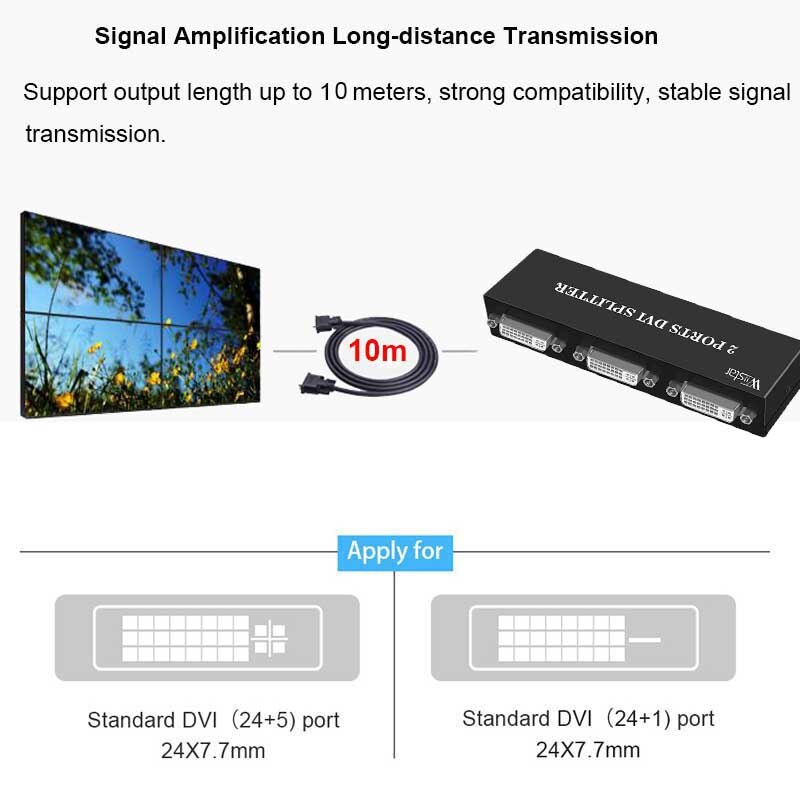 Wiistar 2 Poort DVI Video Splitter Dual Monitor (1 in 2 out Splitst 1 Video Signaal naar Dual Display) ondersteunt Cascade Aansluiting