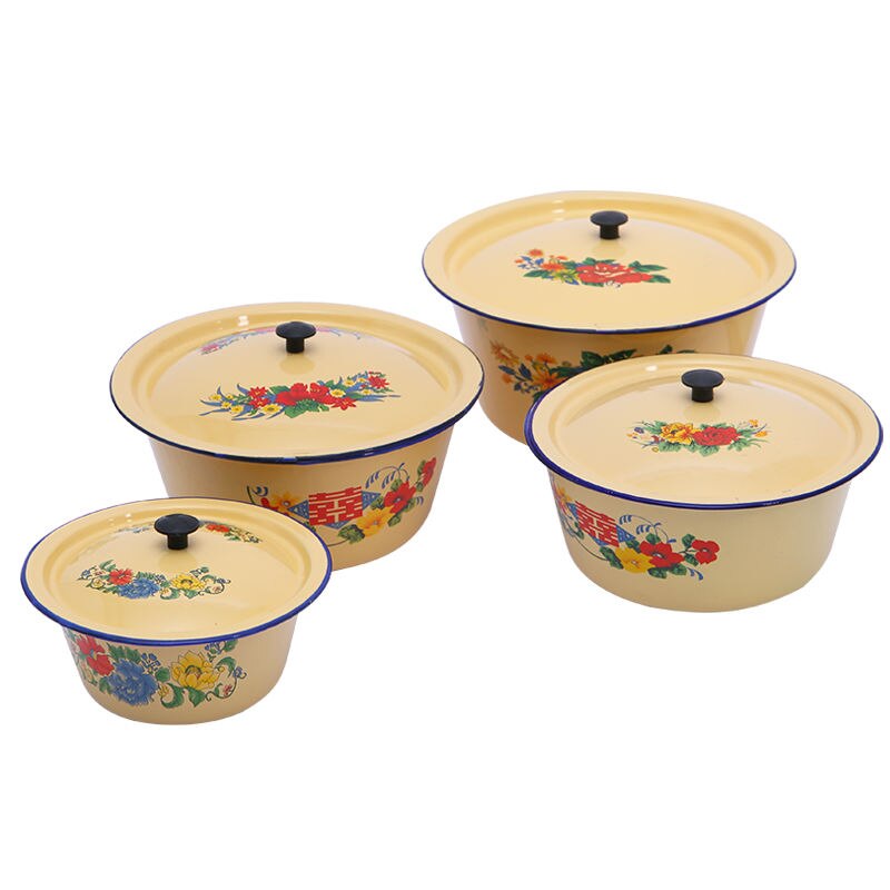 Enamel Filling Retro Enamel Pot Bowl with Lid Soup Pot Cooking Pot Deepening Dishwashing Dish Basin Fruit Plate Pattern Random