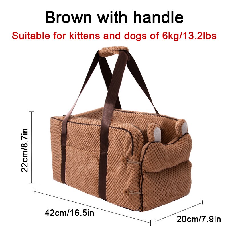 Asiento de coche portátil para mascotas, compartimento de reposabrazos para coche, cama Perrera de refuerzo, antideslizante, para perros pequeños, gatos y viajes: Brown with handle