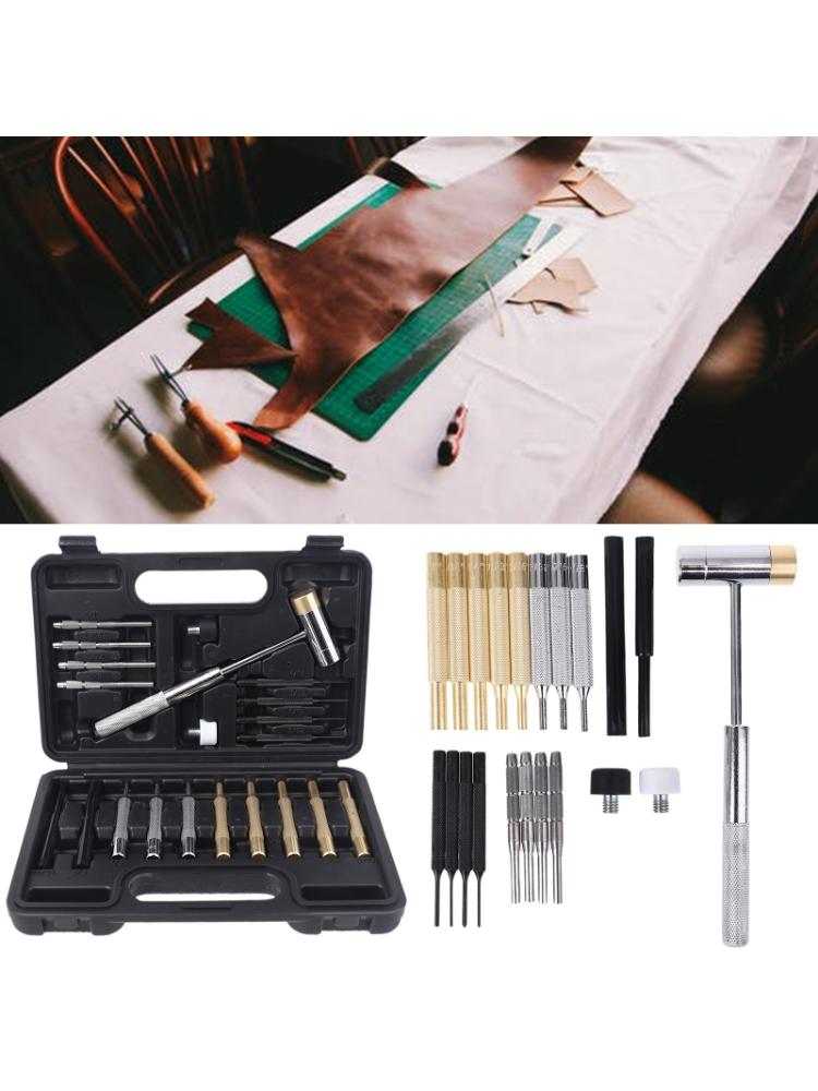 21pcs Punch Tool Set Steel Pin Hammer Brass Leathercraft Repair Maintenance Kit