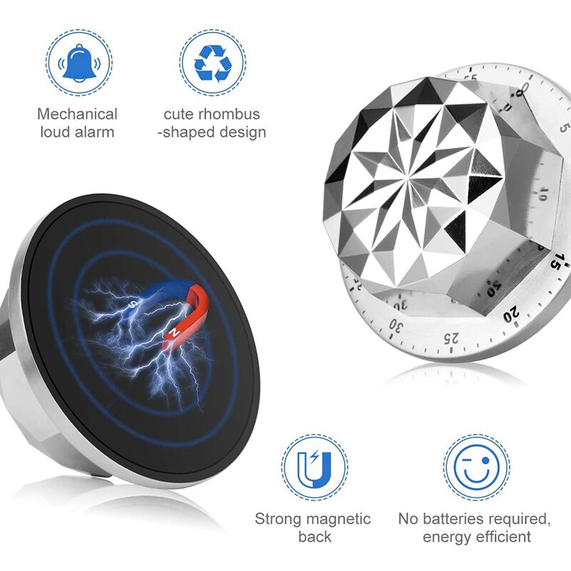 Cooking Timer, Rhombus Shape Stainless Steel Cute Kitchen Timer netic Mechanical Countdown Timer Clock with Loud