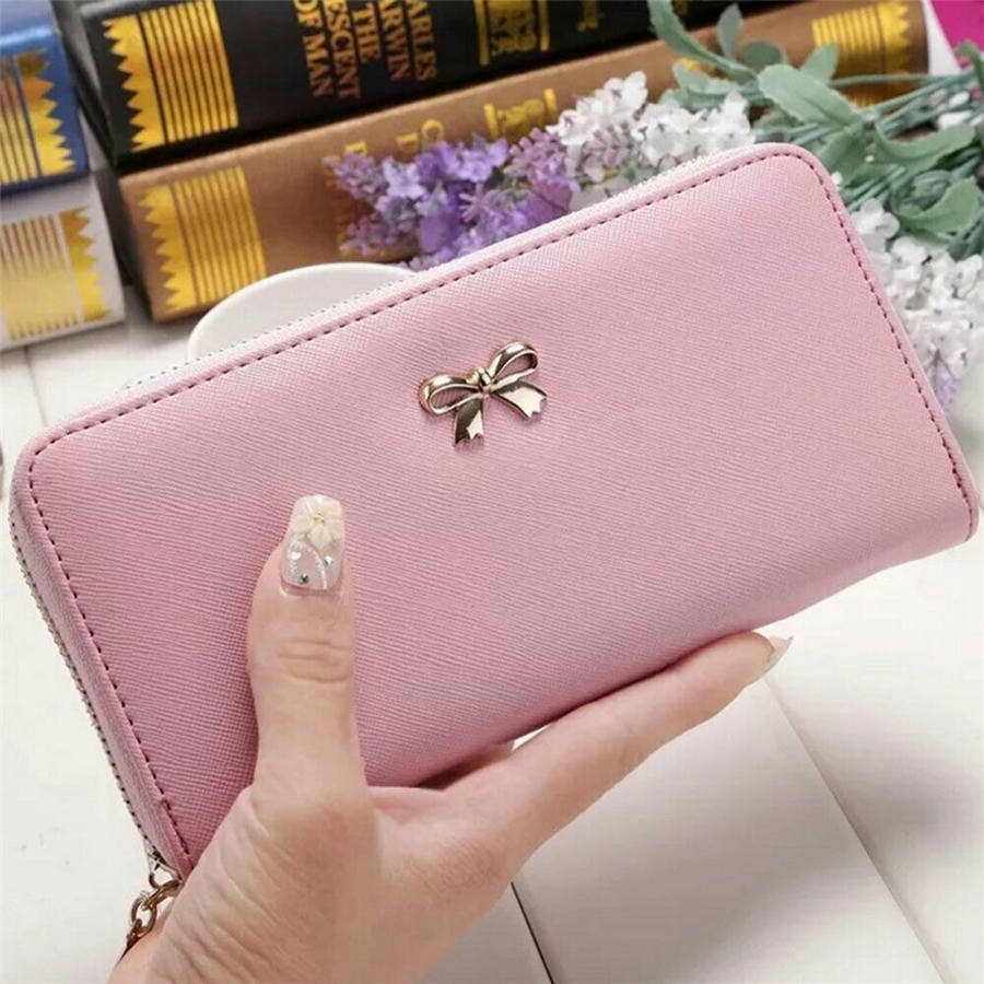 Cuero billeteras de PU de lujo para mujer, Cremallera larga, monedero, monedero, tarjetero, funda para teléfono: Rosa