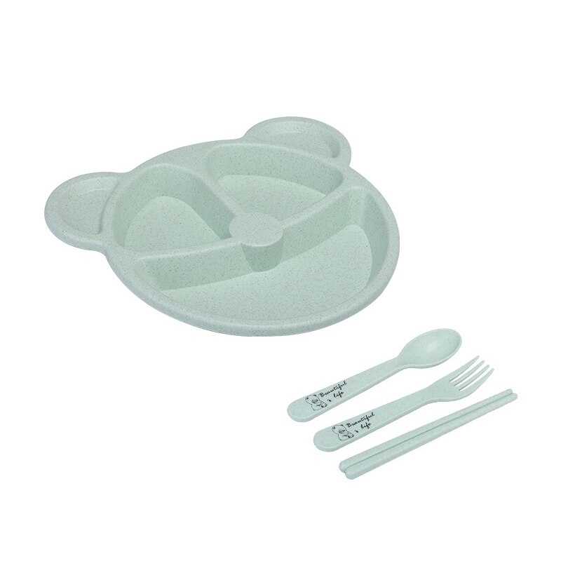 Cute Cartoon Baby Feeding Tableware Children Training Bowl With Spoon Fork Chopsticks Infant Kids Feeding Dinnerware MBG0531: 4Pcs-Green