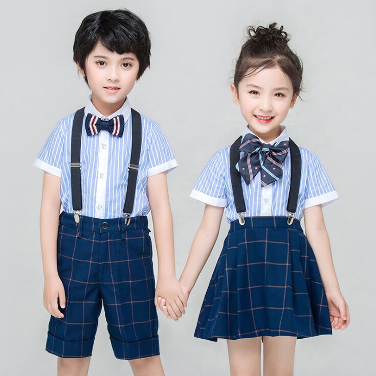 Kids British style School Uniform for Girls Boys Blue Shirts Top Navy Pleated Skirts Pants Clothes Tie Set Students Outfits Suit