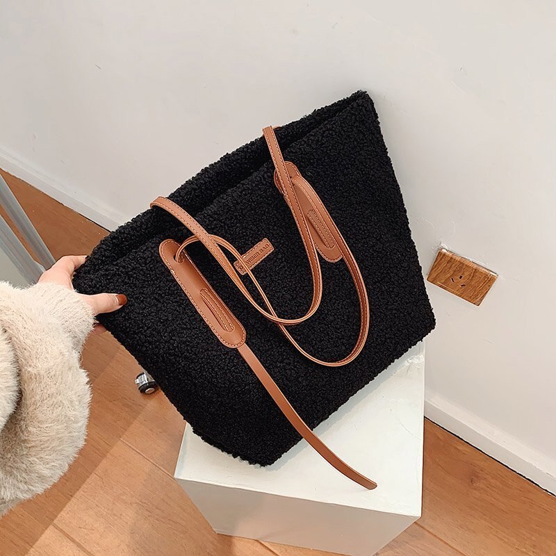 Sacs à main en fausse fourrure pour femmes, grand sac à bandoulière de luxe, fourre-tout pour dames, hiver: Black
