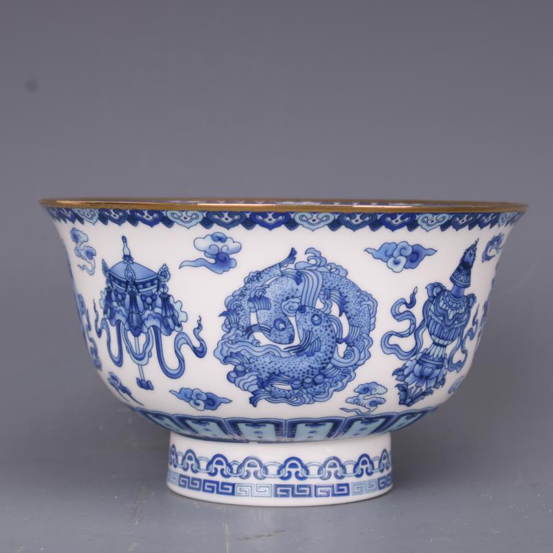 Qing-dynastie Qianlong Blauwe En Witte Kom Gouden Grens Acht Schatten Patroon Kom Antiek Handwerk Porselein Huishouden Goederen