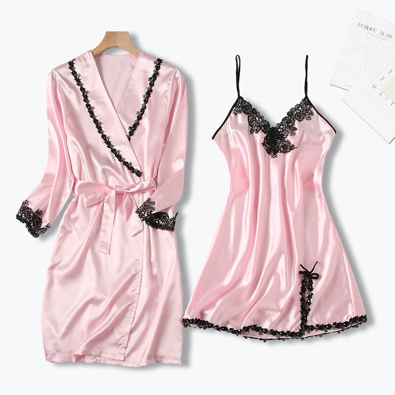 Albornoz fino y cómodo de encaje para el hogar, ropa de dormir Sexy con tirantes de seda, para verano, novedad: light pink / M
