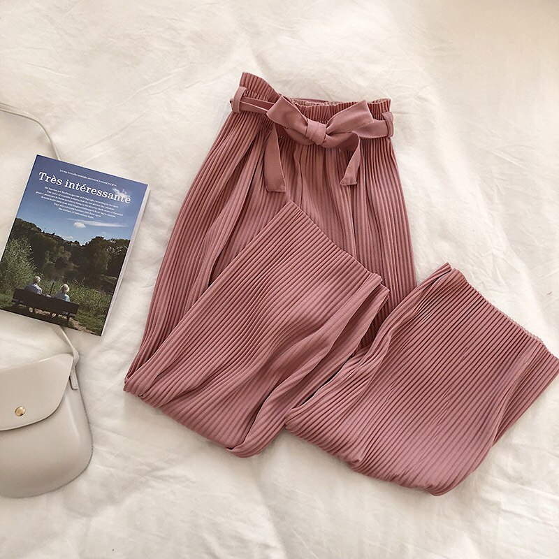 Women's Casual Wide Leg Pants - High Waist Belted Pleated Trousers for Summer: Pink