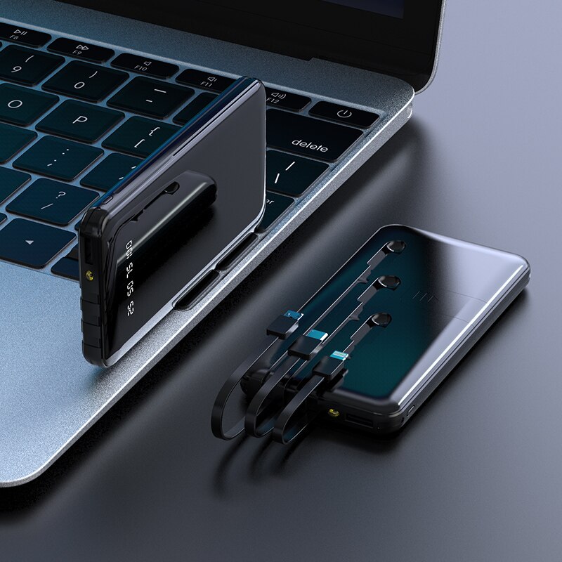 30000 mah powerbank bærbar hurtig opladning fuld skærm bygget -in 3 kabler powerbank eksternt batteri til iphone xiaomi samsung: Sort