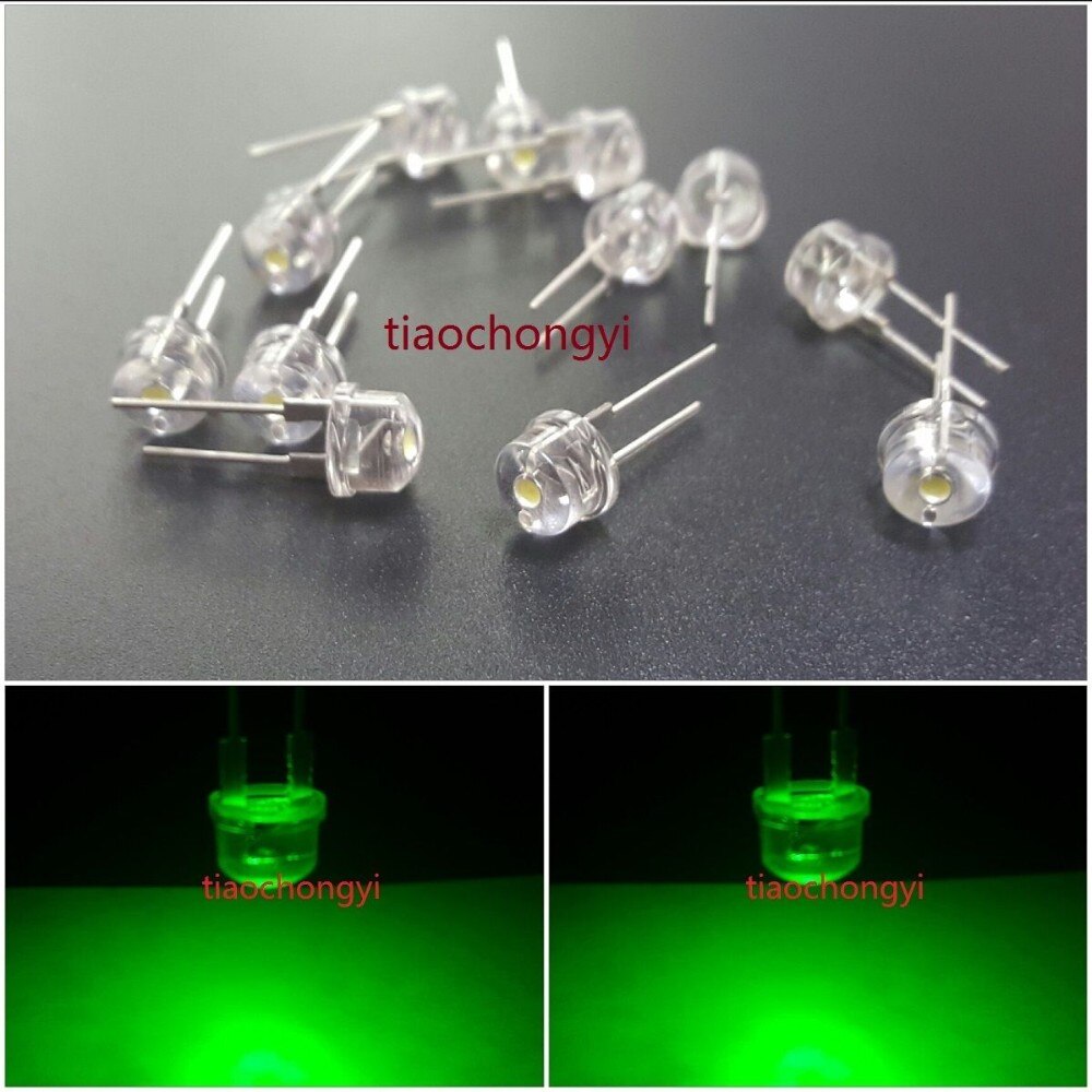 100 led haute puissance lumineuses grand angle 2 broches 8mm 0.5w (rouge vert bleu jaune blanc): Vert