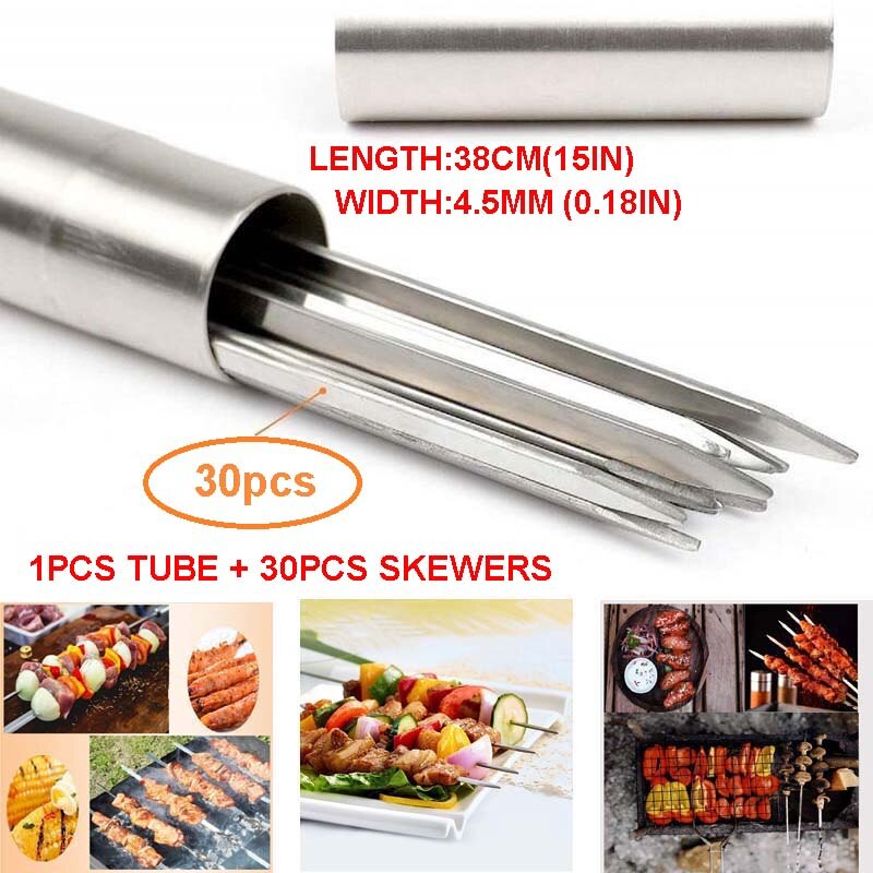 Thick Stainless Steel Flat Stick Long Stick Barrel Embossed Barbecue Stick Barbecue Needle Mutton String Barbeque Accessories