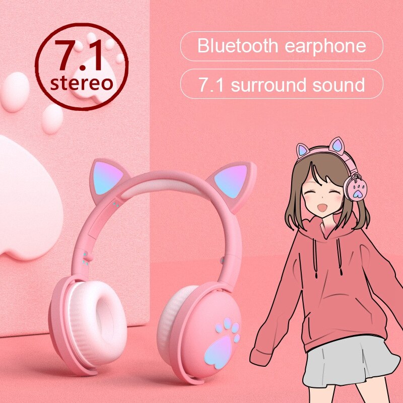 7.1 Stereo Cute Cat Bluetooth Wireless Headphone With Microphone Flashing light Noise Cancel Earphone Music Helmet Girl Kid