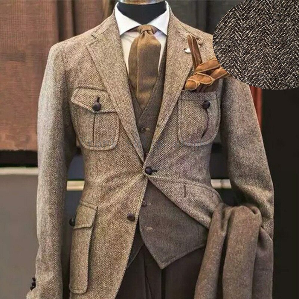 Vintage jakkesæt slim fit tweed sildebens smoking brudgom dragter til mænd bryllup hak revers jakke han blazer: Xl