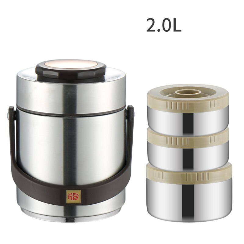 Portable Large Capacity 304 Stainless Steel Vacuum Insulation Bento Lunch Box Leak-Proof Food Storage Container Outdoor Thermos: Silver-2L