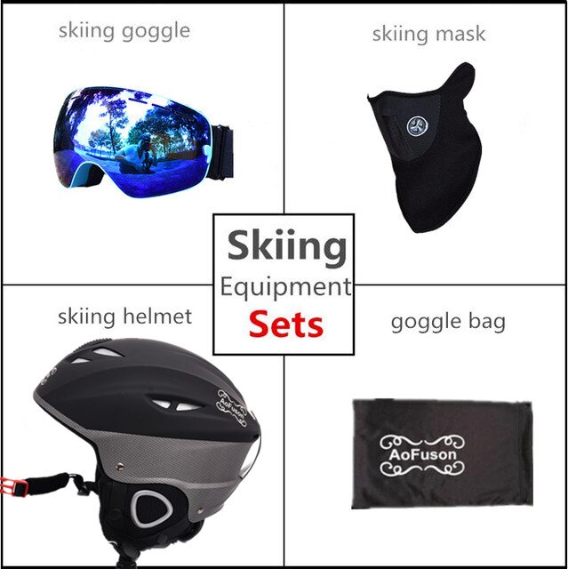 Skihelm bril dubbele lagen anti-condens groot zicht snowboard bril dames heren winter warme sporthelm ski-uitrusting set: Blauw