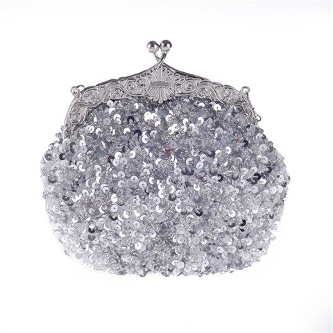 Solid Beading Hobos Bag Shiny Sequined Woman Evening Bag Luxurious Clutch Handbag Wallet Retro Old Shanghai Style with Cheongsam: Silver