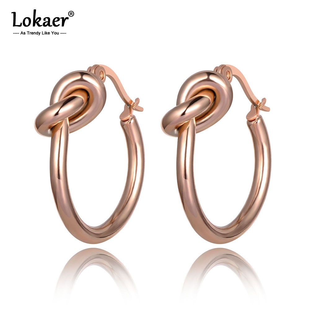 Lokaer Original Rose Gold Stainless Steel Knotted Hoop Earrings Trendy Bohemia Office Earrings For Women Girls E19282