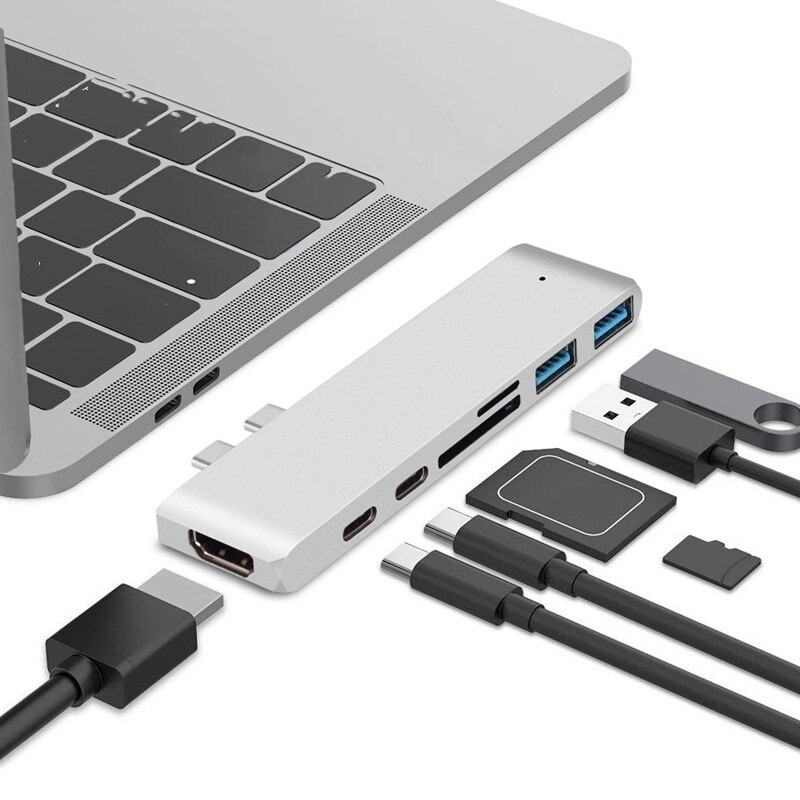 7in1 double USB-C à TF lecteur de carte SD USB 3.0 OTG Dock 4K HDMI adaptateur de moyeu de barre de chargeur pour MacBook 11-15 "Pro/Air -maintenant: Silver