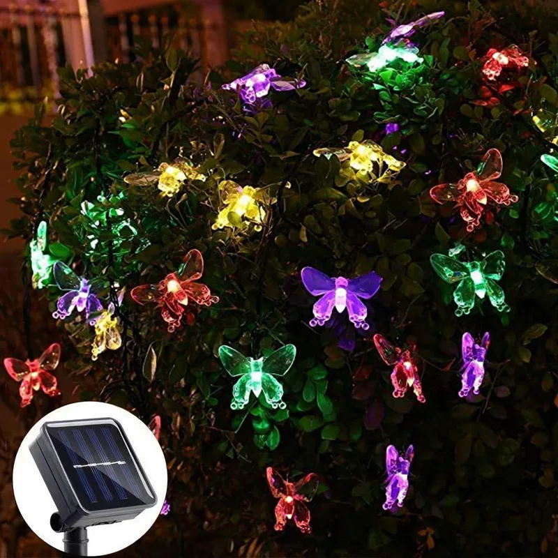 Led-solcellelampe solcelledrevet hagelys jul utendørs dekorasjonslys hage sommerfuglrose dekorativt lys utendørs kranslys