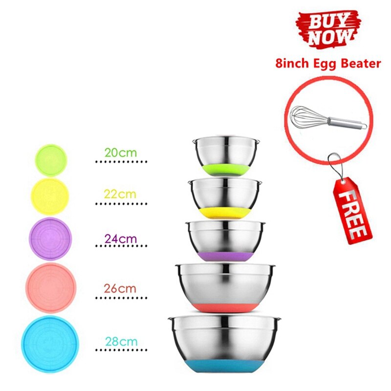 Stainless Steel Nesting Mixing Bowls with Airtight Lids Kitchen Food Salad Bowls Set Non-slip Silicone Bottom Whisking Bowls Set: 20-22-24-26-28cm Set