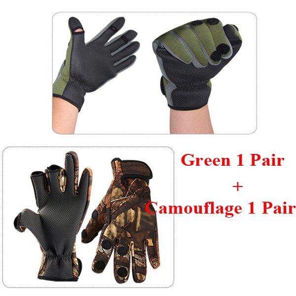 Bluesea 2 par / sæt udendørs åndbar fiskeri handsker 3 fingre skåret vandtætte sport handsker vinter fiskeri handsker: Grøn / Xl