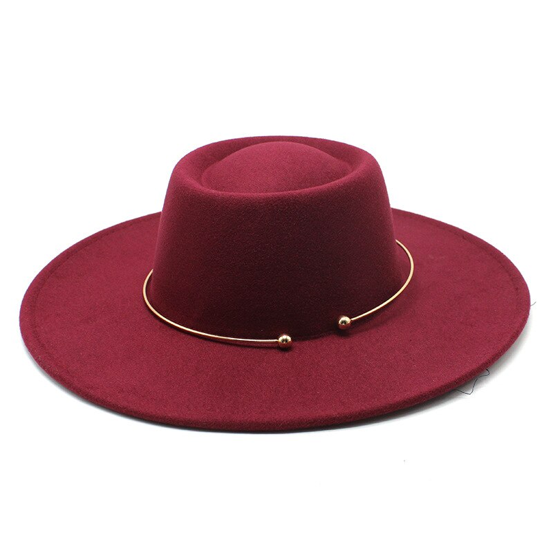 Fedora – chapeau feutré De Jazz pour femmes et hommes, à large bord De 9.5CM, avec chaîne en or, automne hiver, robe formelle: Red wine