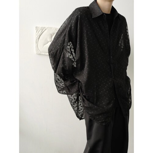 Xitao stippen dunne blouse dames wit zwart enkele borst lange mouw herfst los shirt dzl 1506: Zwarte dzl 1506