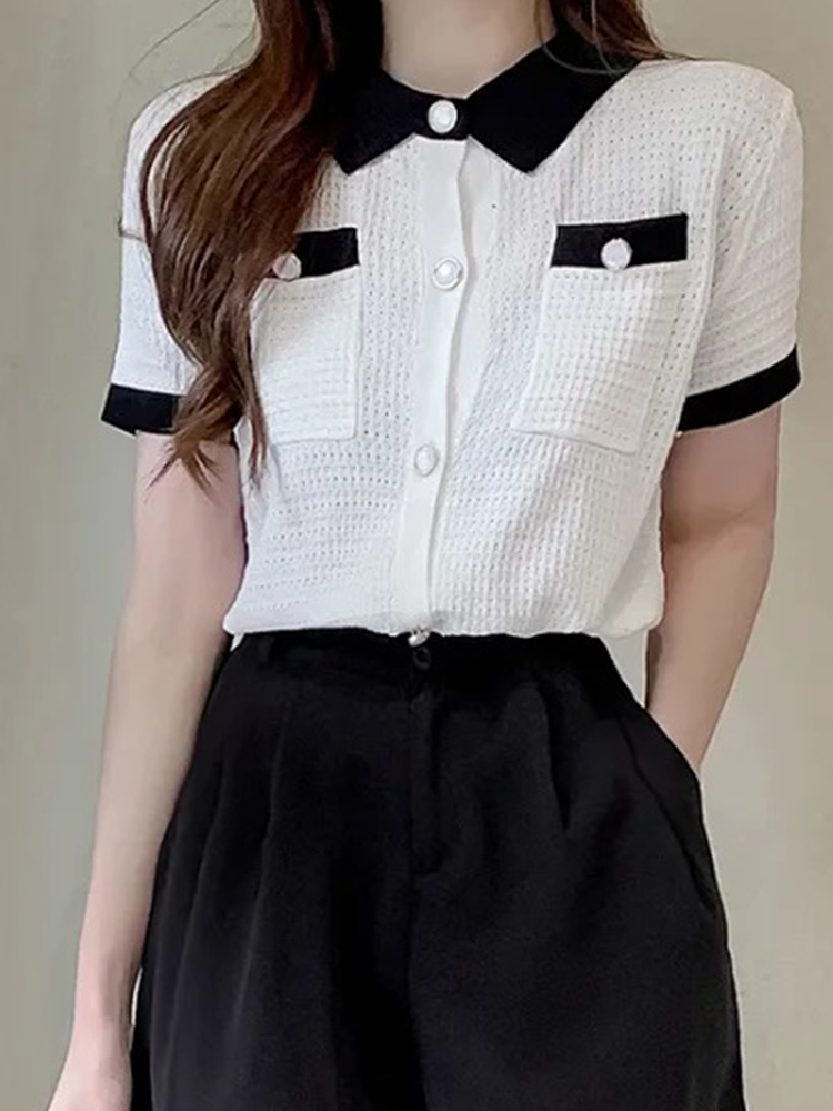 Sommer koreansk tøj kortærmet dame t-shirt med nedadgående krave grøn cardigan dame strikket top camisetas mujer