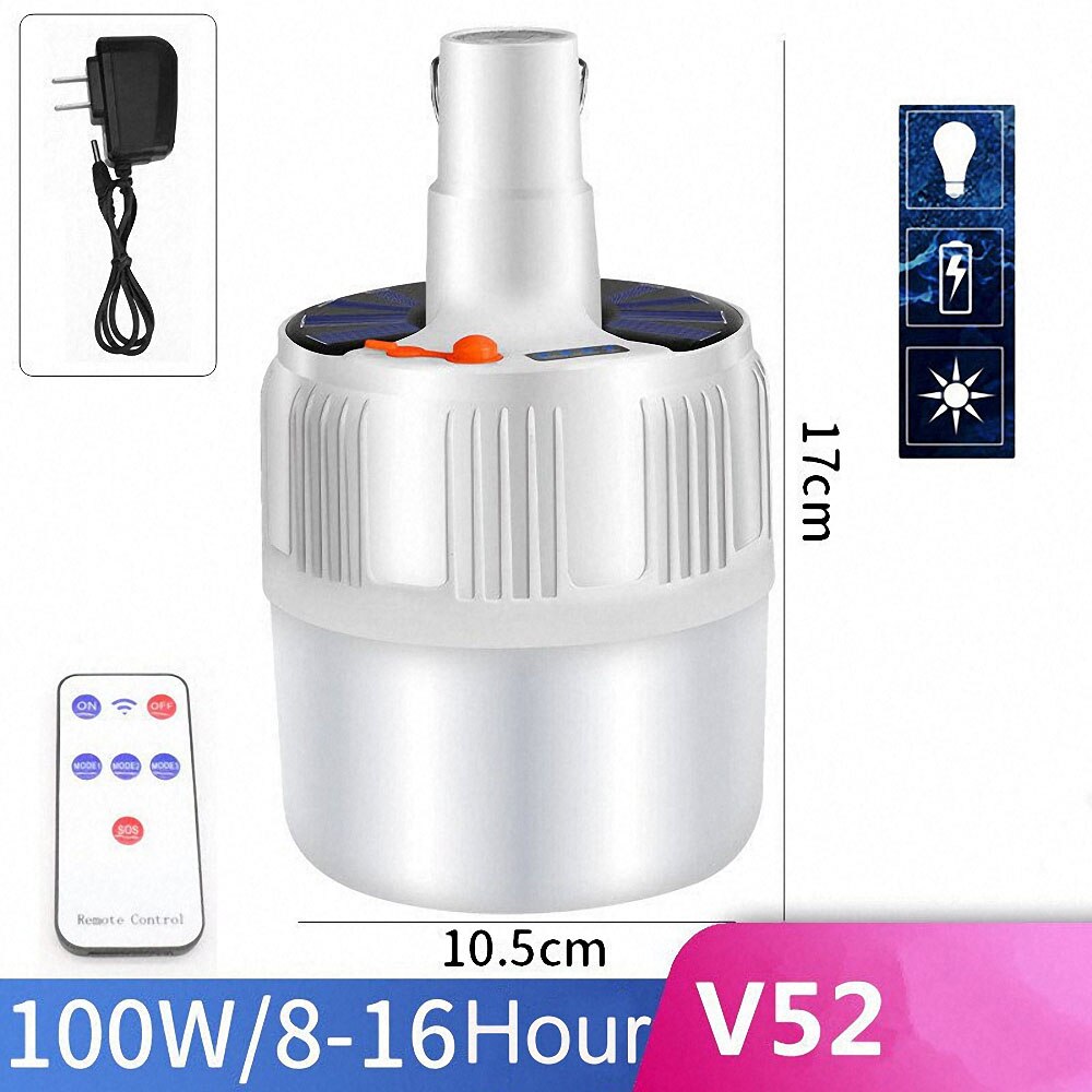 60/80/100w kampeerlampen voor buiten, op zonne-energie werkende led-lamp, batterijoplader, draagbare led-lantaarnlamp voor thuis, buiten, noodverlichting voor tenten: 100w v52 zonne-r / Eu-stekker
