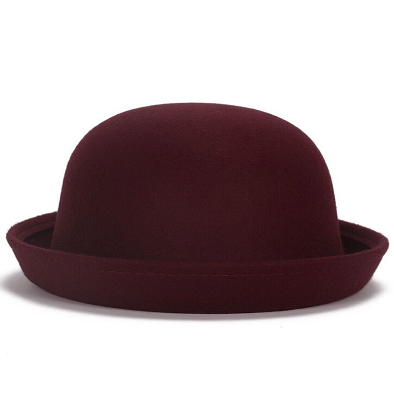 Fall Winter Women Girls Fedoras Hat British Vintage Wool Felt Hats Chapeau Top Church Cap Black Red Solid Bowler Caps: wine red