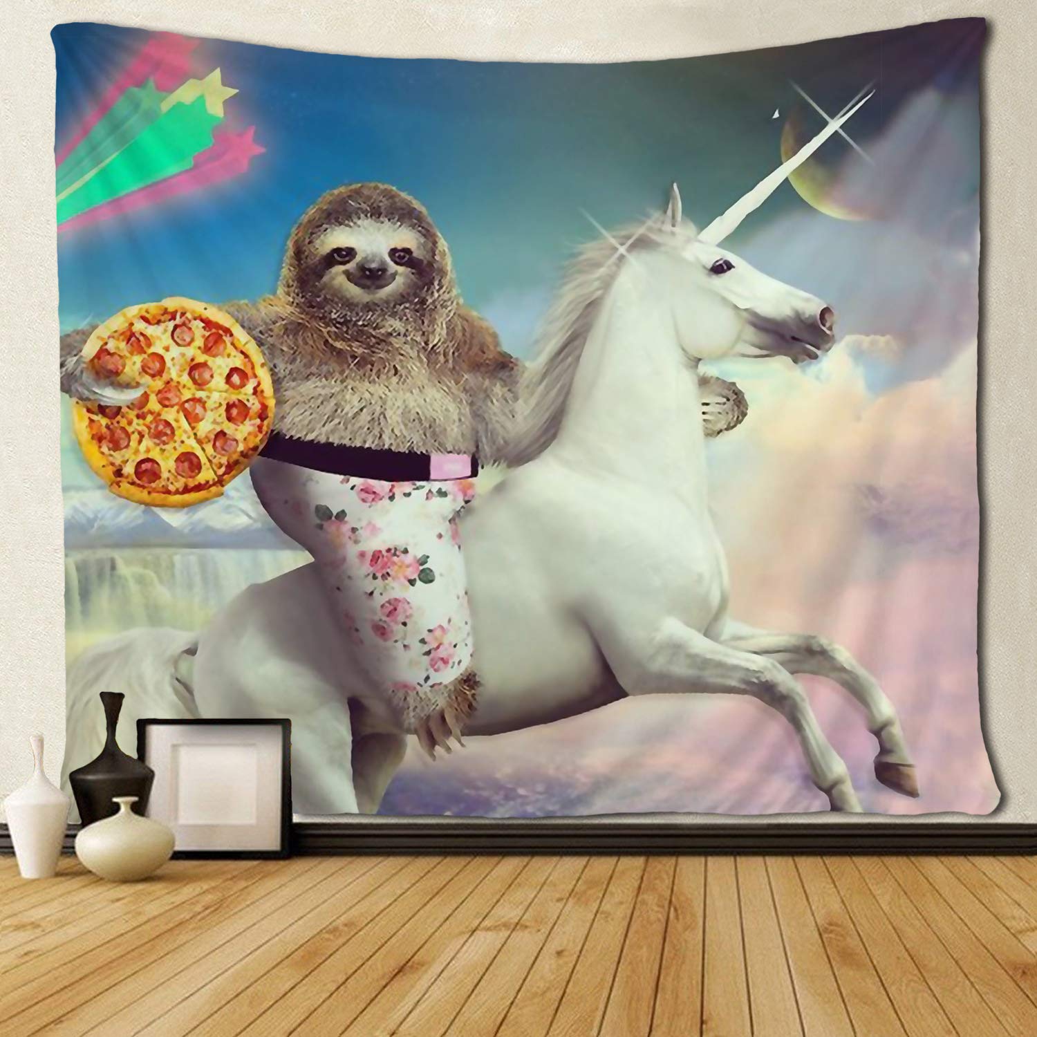 Enhjørning regnbue dovendyr elsker pizza gobelin kunst væg hippie kunst sjovt dyr vægophæng