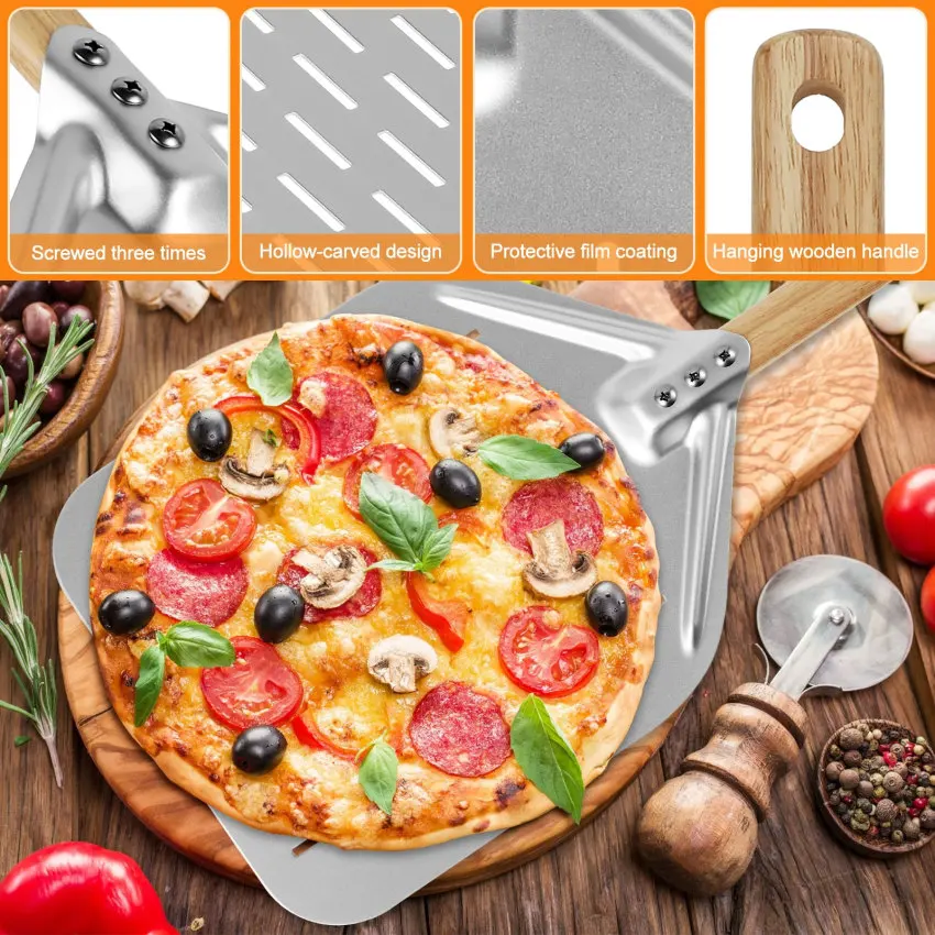 12-inch aluminium pizzaschep hout houten handvat professionele anti-aanbak lichtgewicht pizzaschil schep bakken gebak gereedschap