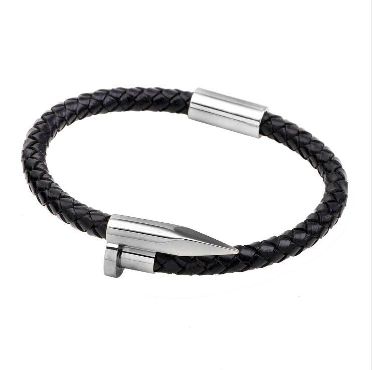 Sort læder reb rustfrit stål søm armbånd til kvinder mænd charm mandlige armbånd: Forsølvede