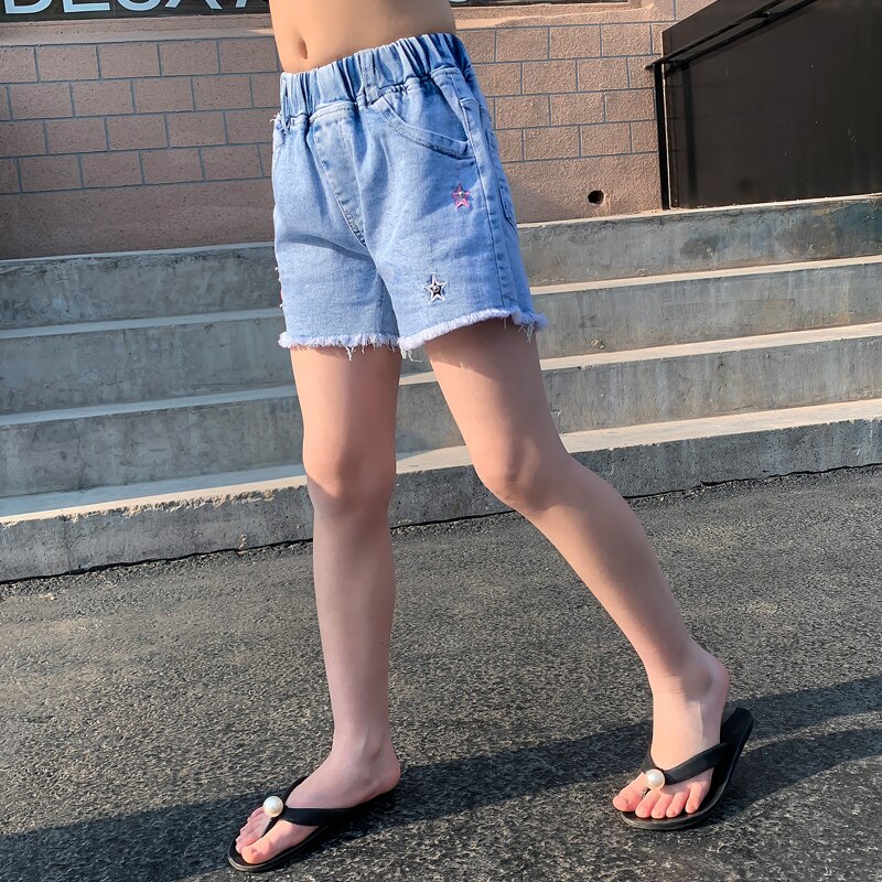 Girls Denim Shorts Teenagers Summer Embroidery Star Pattern Short Pants Kids Beach Clothes Children's Shorts For Teenage Girls