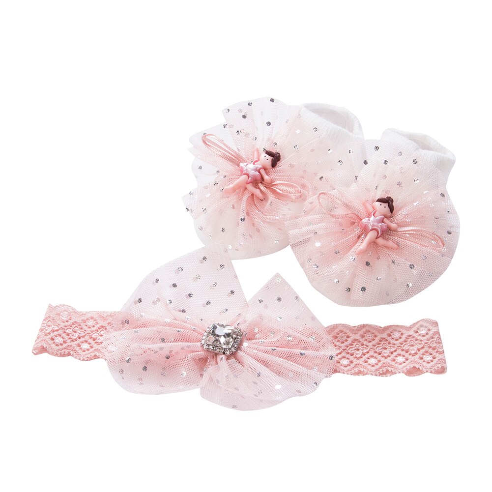 Newborn Baby Girl Lovely Socks Headband Set Flower Bowknot Crown Lace Headwrap + Booties Lace Cute Animal Decor Socks 2Pcs Set: B
