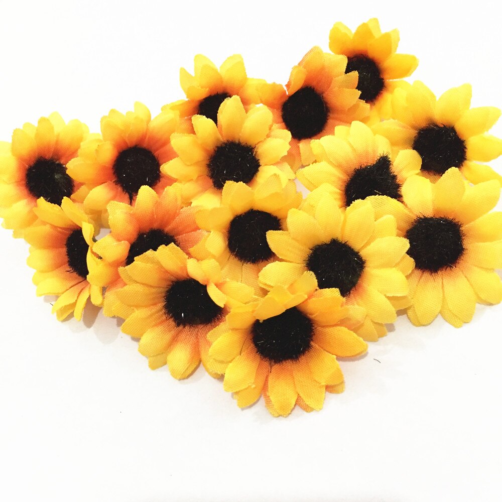 38mm 1.5 tommer gule solsikkehovedknopper dekorative syntetiske kunstige blomster til baby shower bryllup brude buket diy