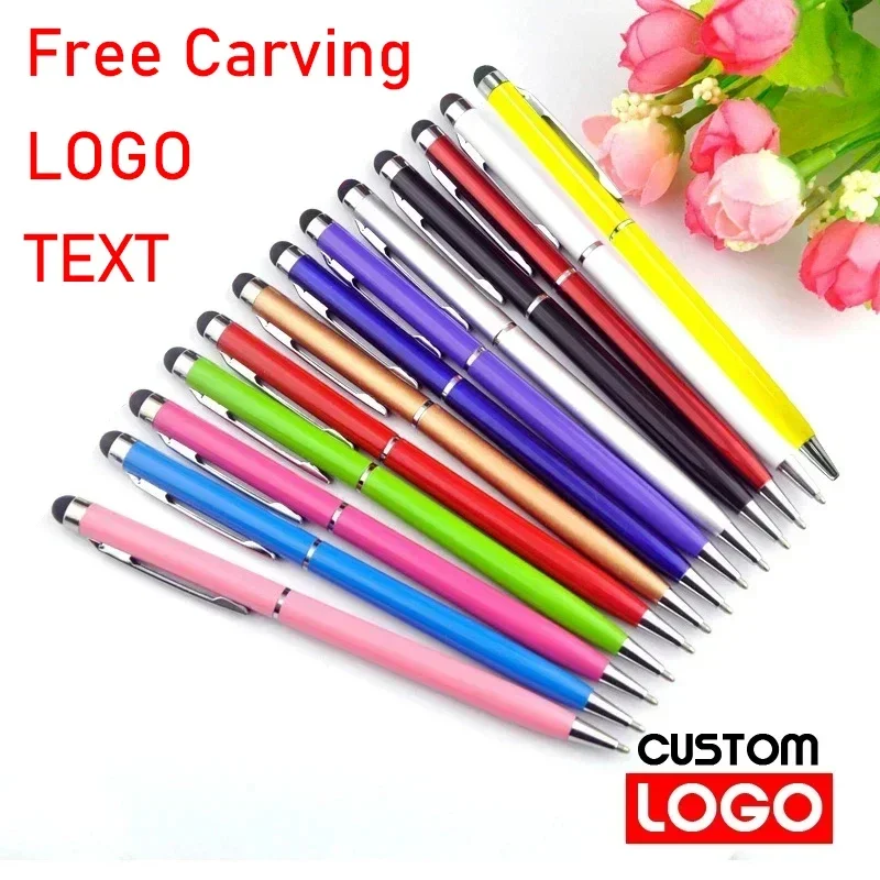 20-200 pennen per pakket Mini metalen 2-in-1 Stylus Universele balpen Aangepast logo Tekstgravure Kantoor School Reclamepen