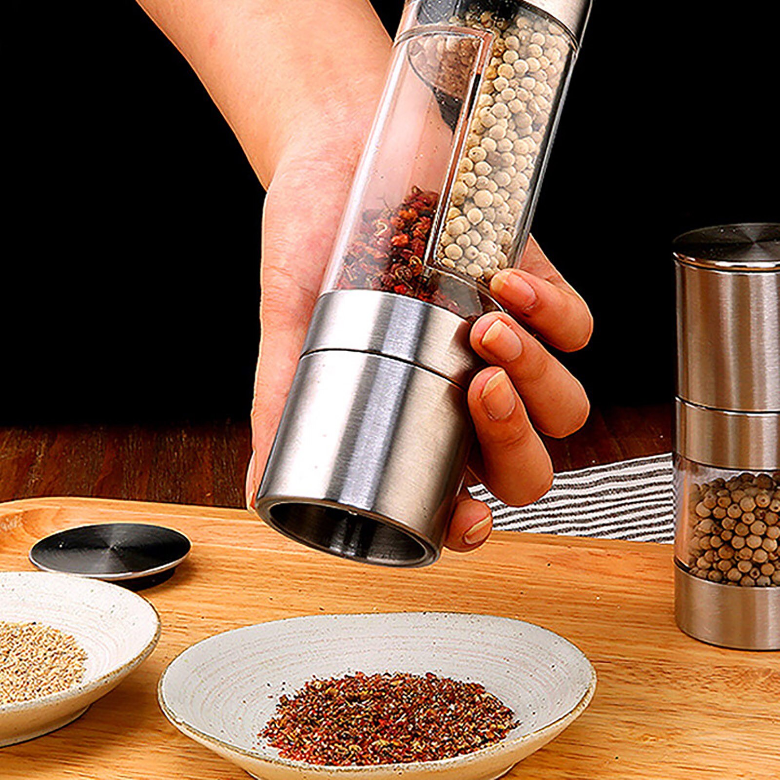 2 In 1 Kitchen Grinder for Salt Pepper Stainless Steel Mill Grinder Peper Spice Seasoning Mill Grinder Hand Kitchen BBQ Tools